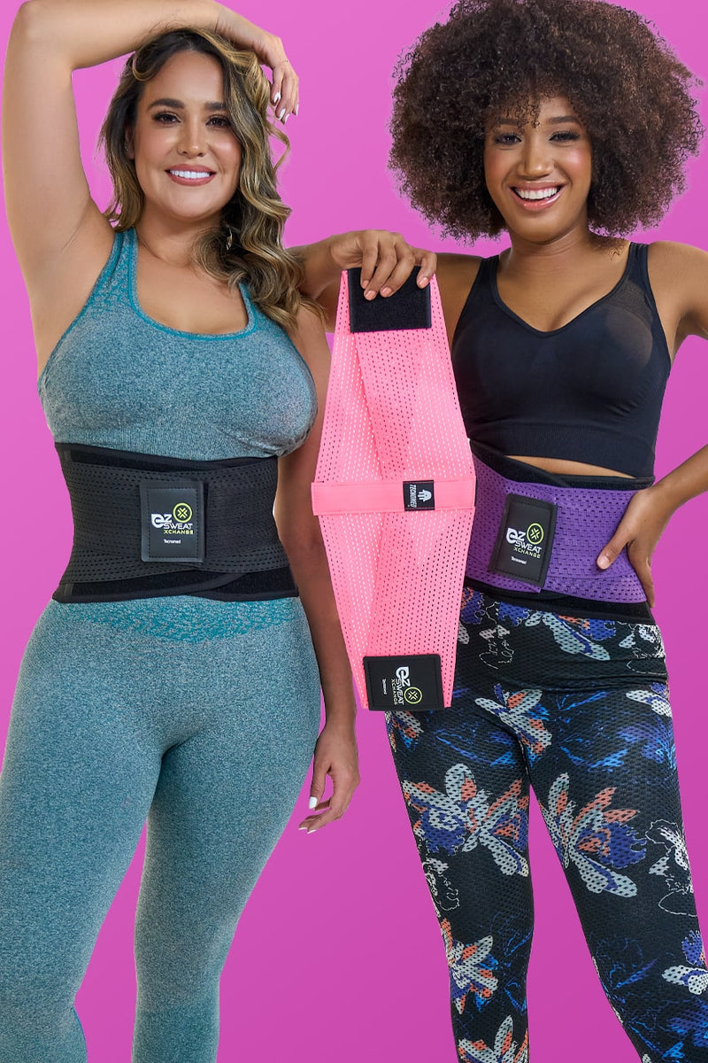 Ultimate Xchange Bundle featuring EZ Sweat Gym Belt in black, pink, and purple with a free Vasspod fitness tool in assorted surprise colors. Ideal for waist training and back support.