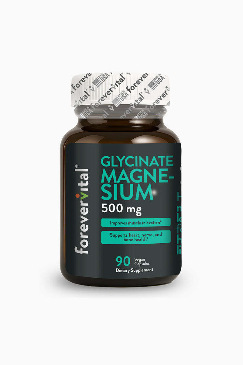 Forevervital Magnesium Glycinate 500mg supplement bottle with 90 vegan capsules for muscle relaxation and heart, nerve, and bone health.