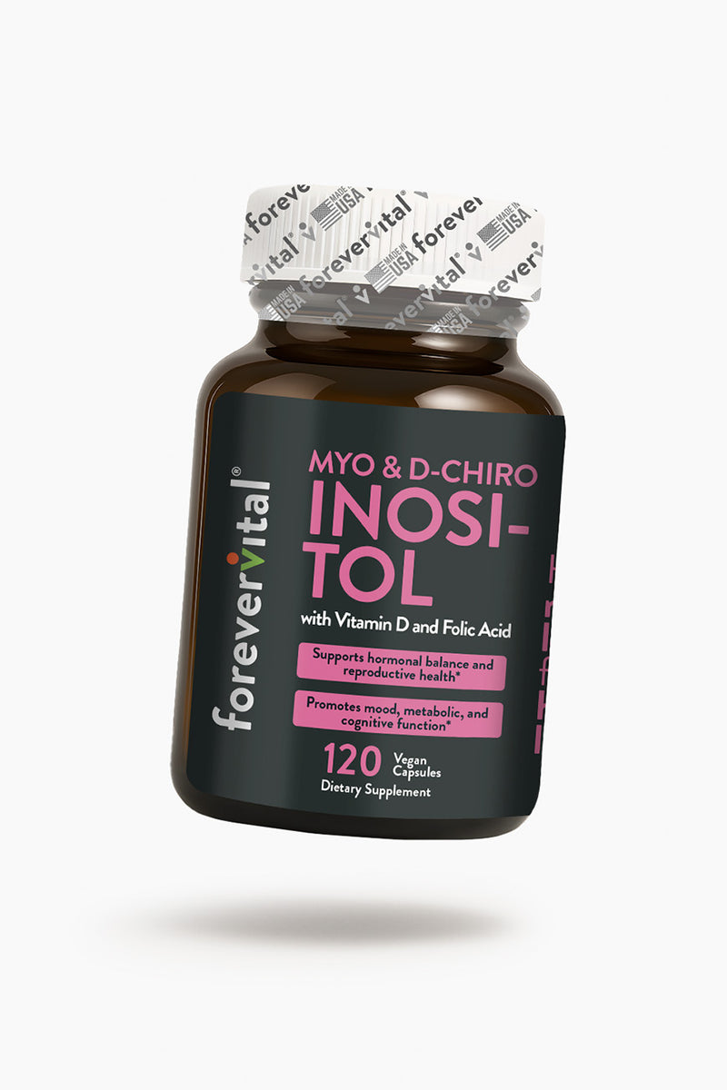 Floating bottle of Forevervital Myo & D-Chiro Inositol supplement with Vitamin D and Folic Acid, 120 capsules for hormonal and metabolic health.