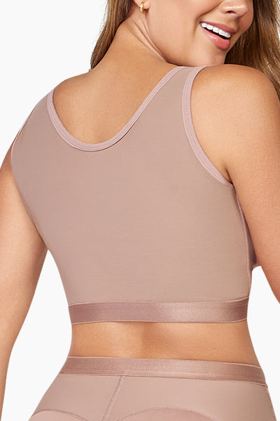 post-surgery bra for breast augmentation recovery with front closure and soft microfiber lining