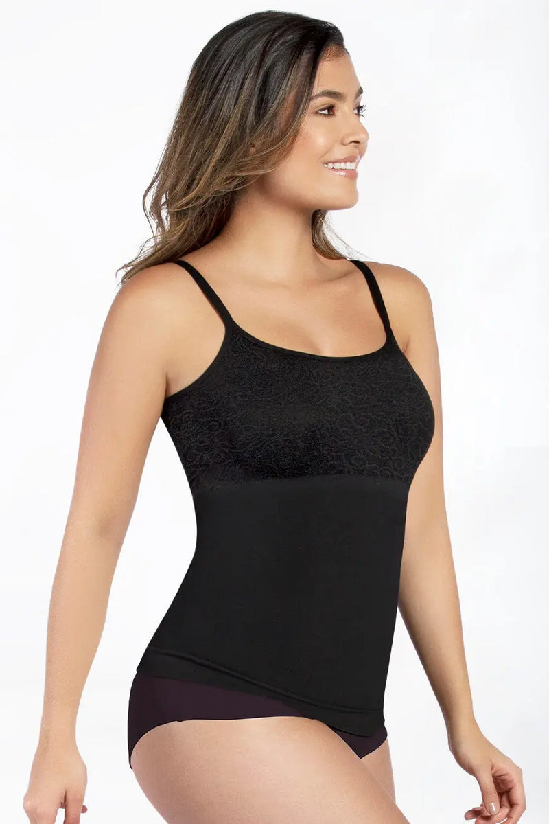Curveez Cami Shaper Jacquard in white offers tummy and back control with a seamless, slimming fit. Ideal shapewear top for everyday comfort and style.
