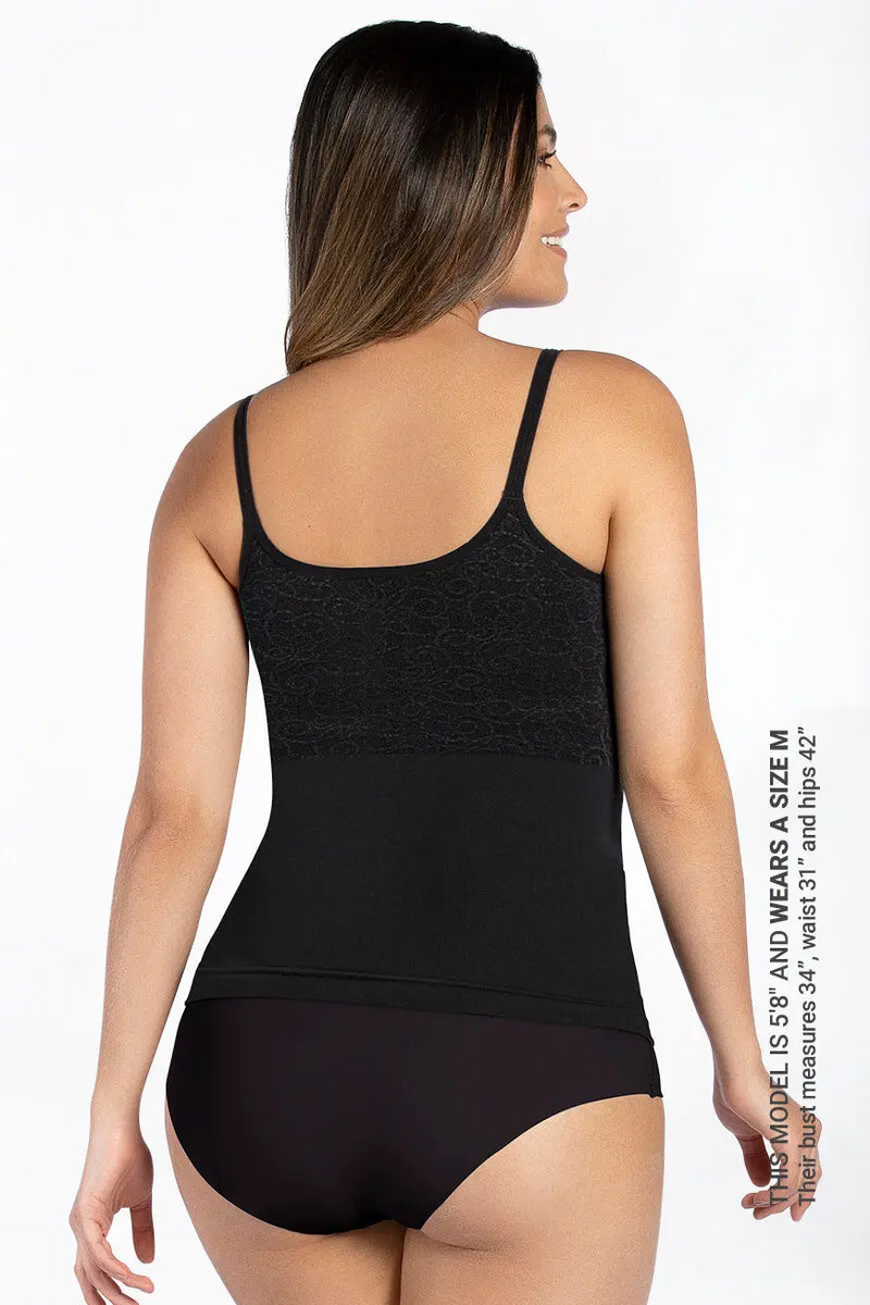 Curveez Cami Shaper Jacquard in white offers tummy and back control with a seamless, slimming fit. Ideal shapewear top for everyday comfort and style.